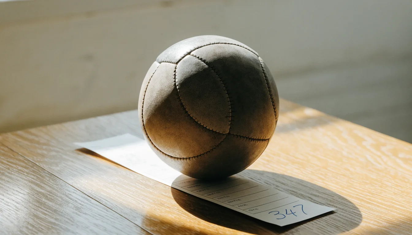 Uma bola de futebol pousada sobre um talão de apostas em branco numa mesa de madeira, à luz do dia