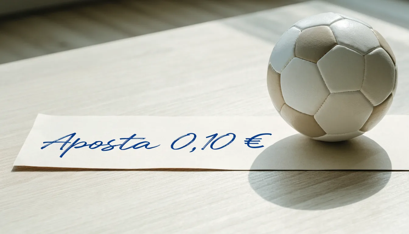 Uma bola de futebol pousada sobre um talão de apostas em branco numa mesa de madeira, à luz do dia