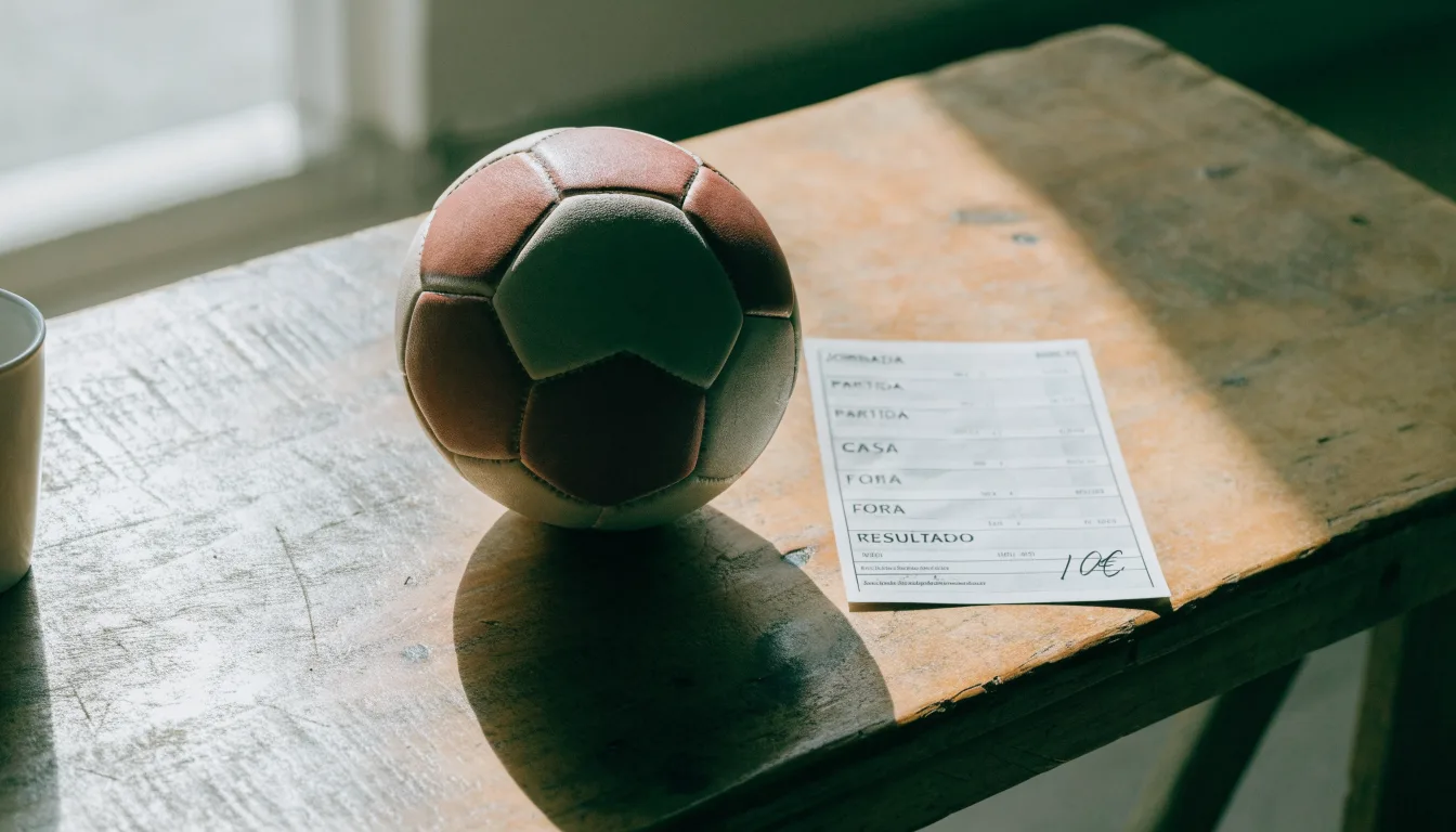 Uma bola de futebol pousada sobre um talão de apostas em branco numa mesa de madeira, à luz do dia