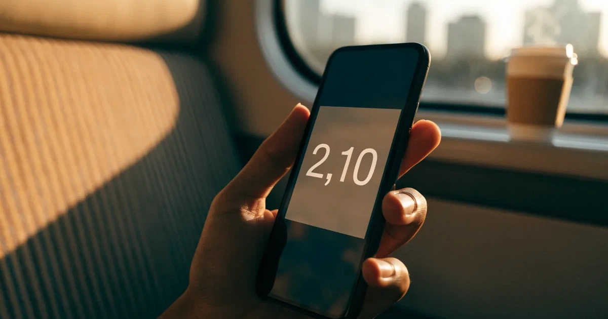Uma mão a segurar um telemóvel com uma aposta no ecrã, num comboio ao fim da tarde