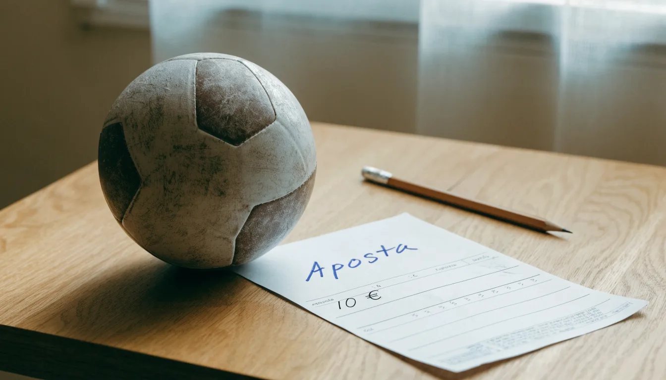 Uma bola de futebol pousada sobre um talão de apostas em branco numa mesa de madeira, à luz do dia
