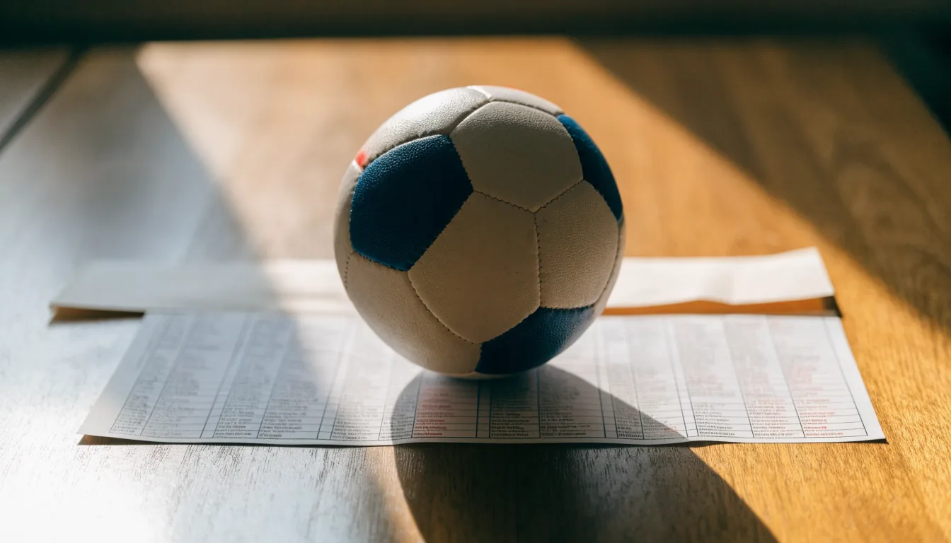 Uma bola de futebol pousada sobre um talão de apostas em branco numa mesa de madeira, à luz do dia