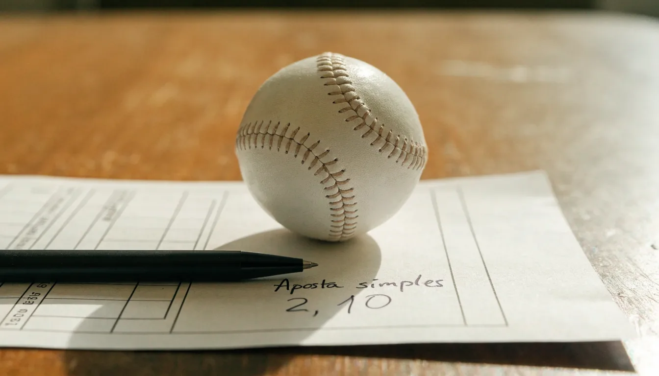 Uma bola de futebol pousada sobre um talão de apostas em branco numa mesa de madeira, à luz do dia