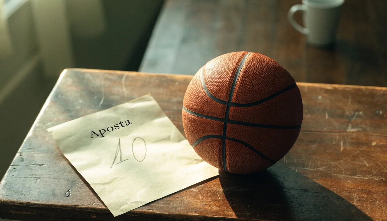 Uma bola de futebol pousada sobre um talão de apostas em branco numa mesa de madeira, à luz do dia