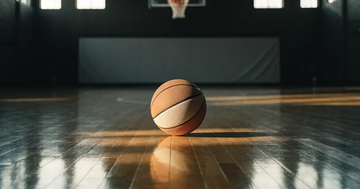 Uma bola de futebol no ponto central de um relvado, à luz da manhã