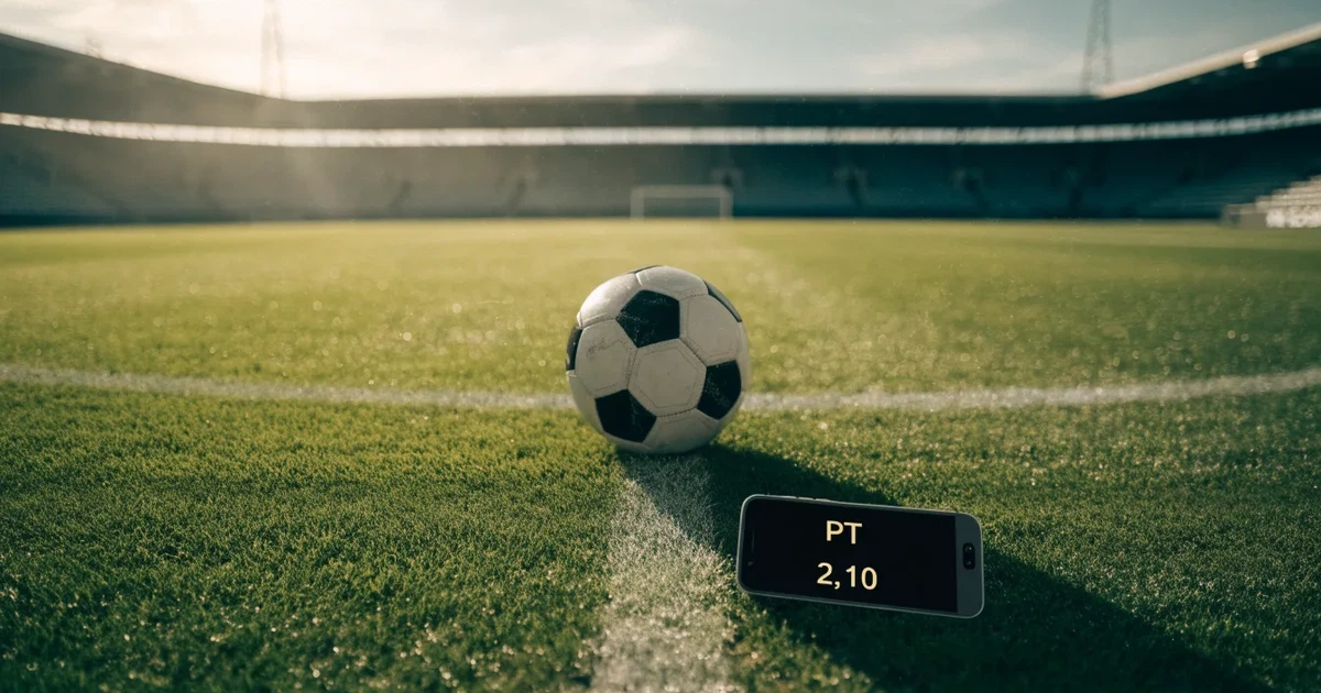 Uma bola de futebol no ponto central de um relvado, à luz da manhã