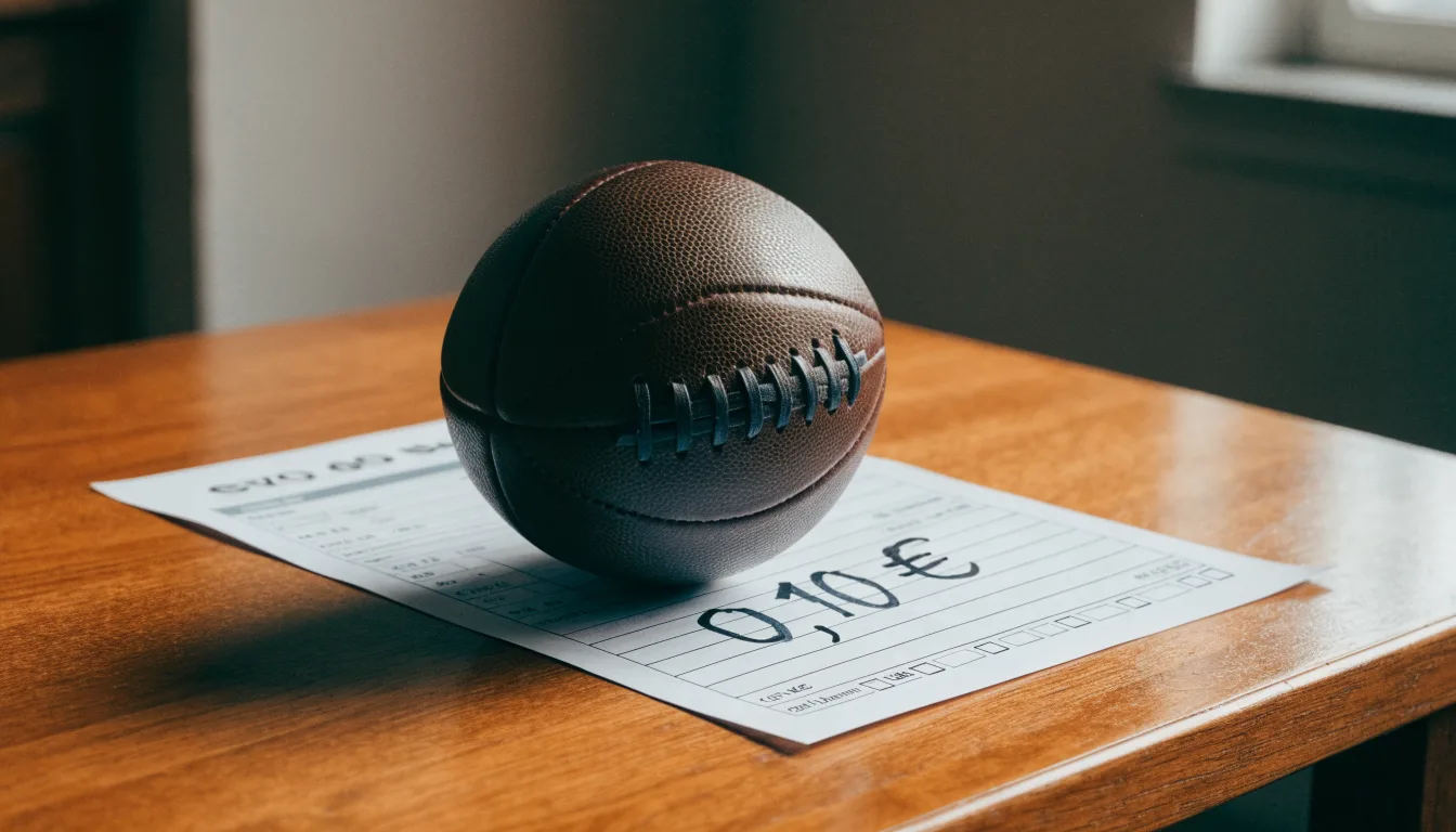 Uma bola de futebol pousada sobre um talão de apostas em branco numa mesa de madeira, à luz do dia