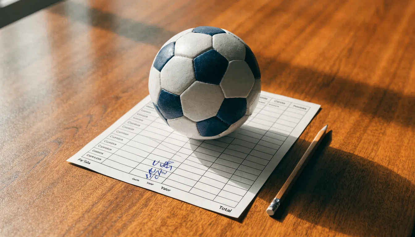 Uma bola de futebol pousada sobre um talão de apostas em branco numa mesa de madeira, à luz do dia