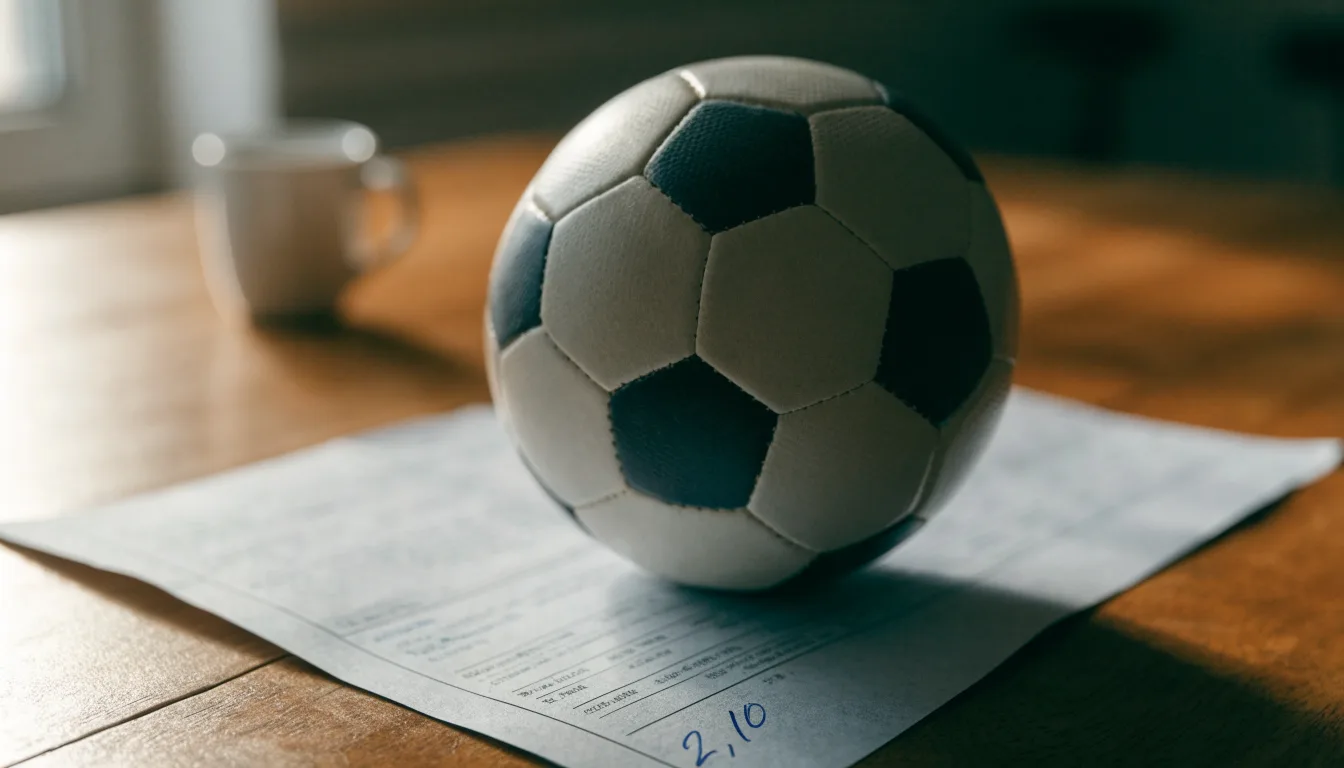 Uma bola de futebol pousada sobre um talão de apostas em branco numa mesa de madeira, à luz do dia