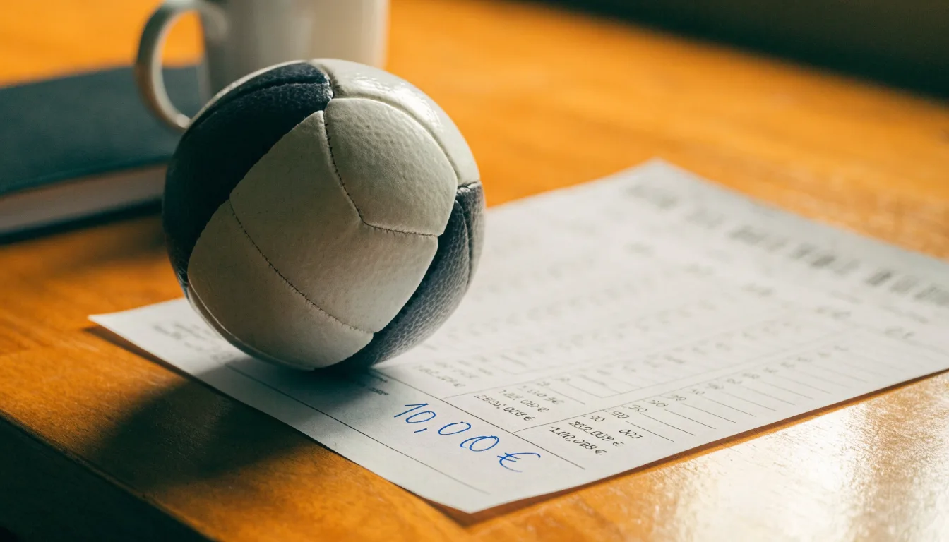 Uma bola de futebol pousada sobre um talão de apostas em branco numa mesa de madeira, à luz do dia