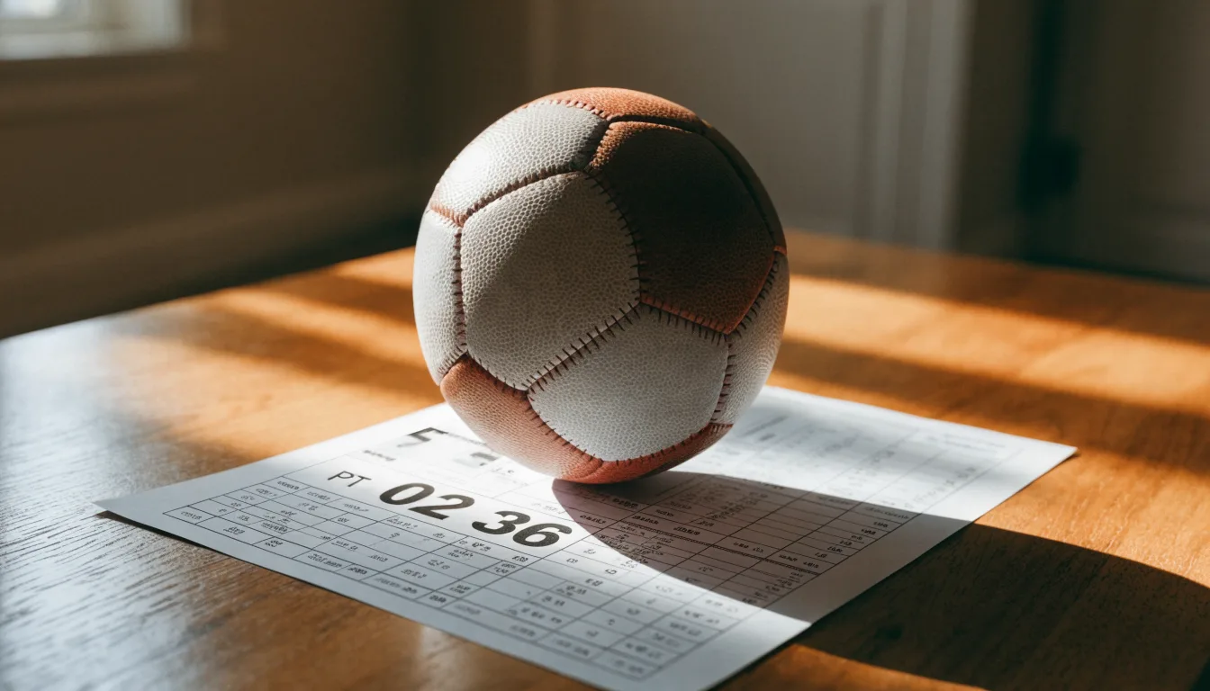 Uma bola de futebol pousada sobre um talão de apostas em branco numa mesa de madeira, à luz do dia
