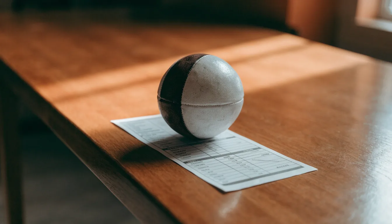 Uma bola de futebol pousada sobre um talão de apostas em branco numa mesa de madeira, à luz do dia