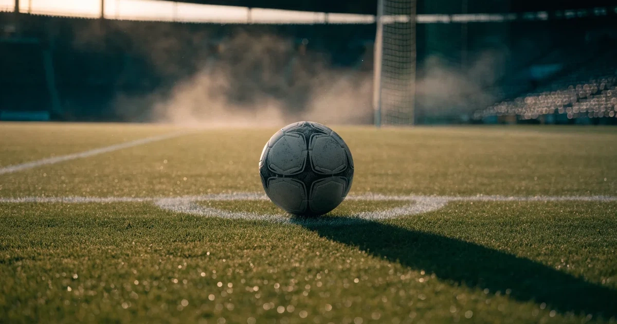 Uma bola de futebol no ponto central de um relvado, à luz da manhã
