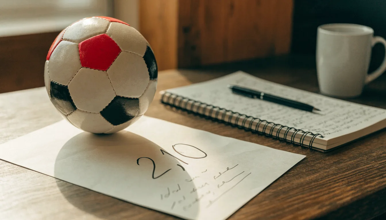 Uma bola de futebol pousada sobre um talão de apostas em branco numa mesa de madeira, à luz do dia