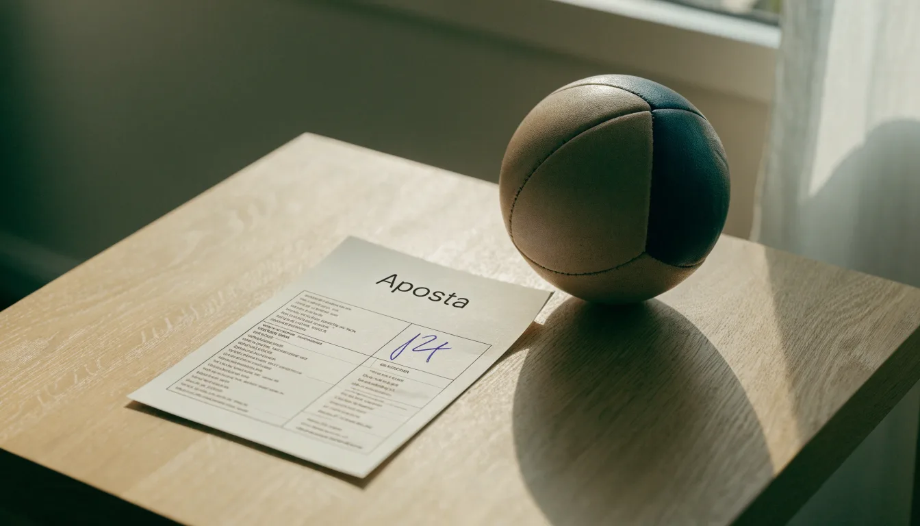 Uma bola de futebol pousada sobre um talão de apostas em branco numa mesa de madeira, à luz do dia