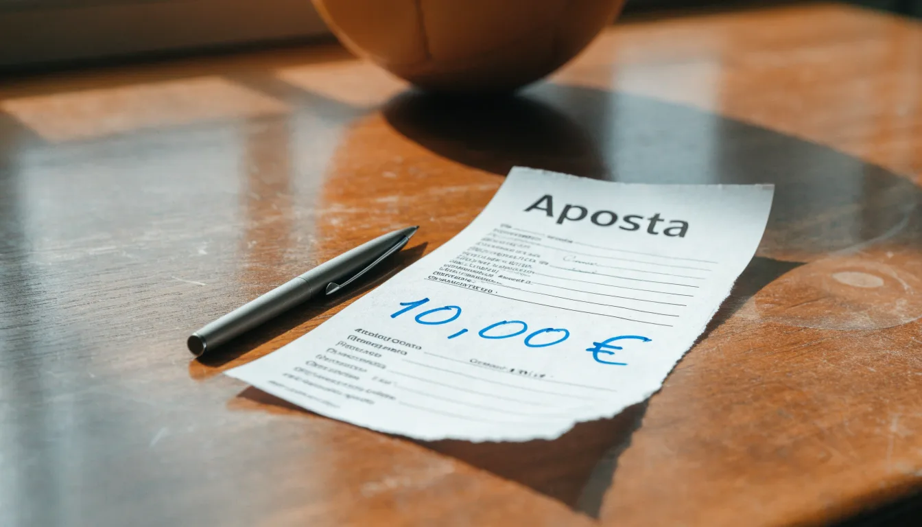 Uma bola de futebol pousada sobre um talão de apostas em branco numa mesa de madeira, à luz do dia