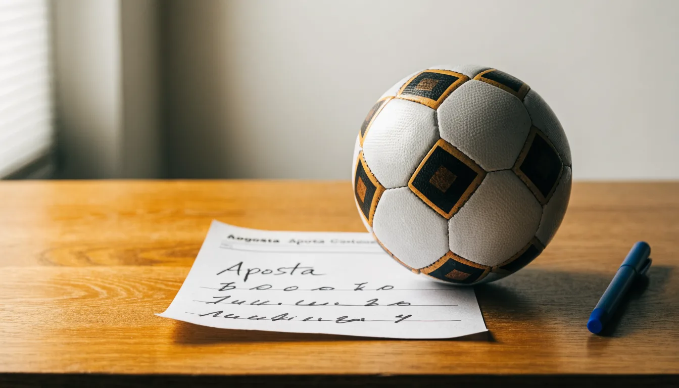 Uma bola de futebol pousada sobre um talão de apostas em branco numa mesa de madeira, à luz do dia