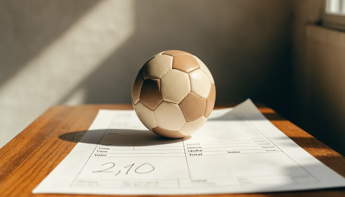 Uma bola de futebol pousada sobre um talão de apostas em branco numa mesa de madeira, à luz do dia