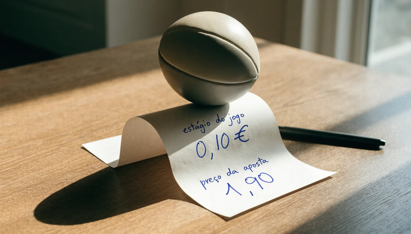 Uma bola de futebol pousada sobre um talão de apostas em branco numa mesa de madeira, à luz do dia