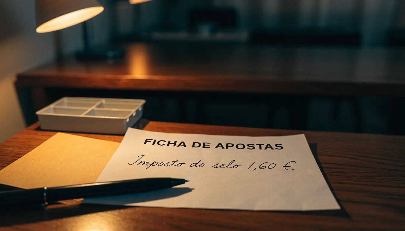 Uma folha de licença em papel com um selo vermelho, pousada numa secretária de madeira ao lado de uma caneta