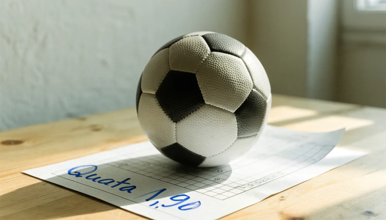 Uma bola de futebol pousada sobre um talão de apostas em branco numa mesa de madeira, à luz do dia
