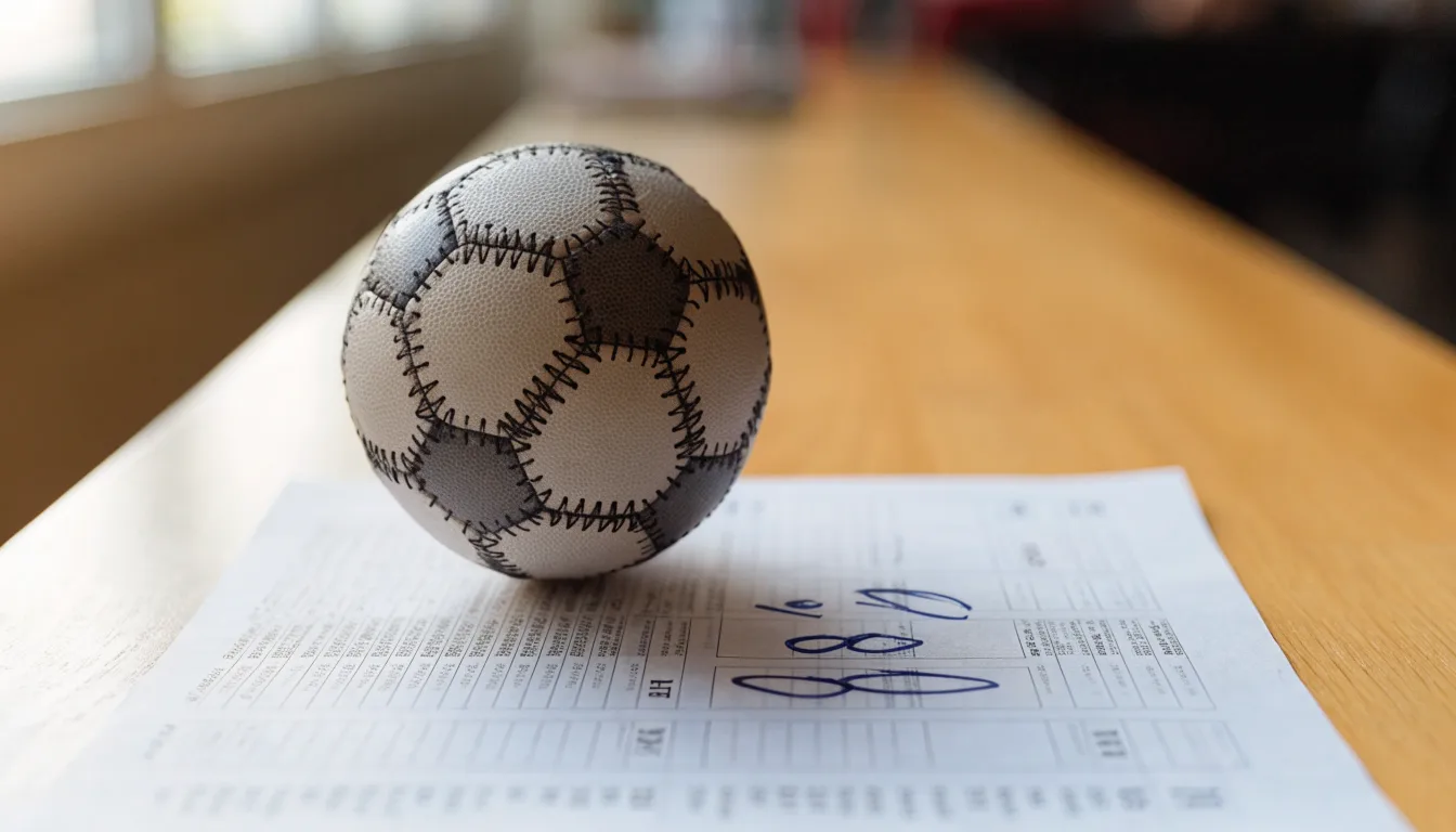 Uma bola de futebol pousada sobre um talão de apostas em branco numa mesa de madeira, à luz do dia