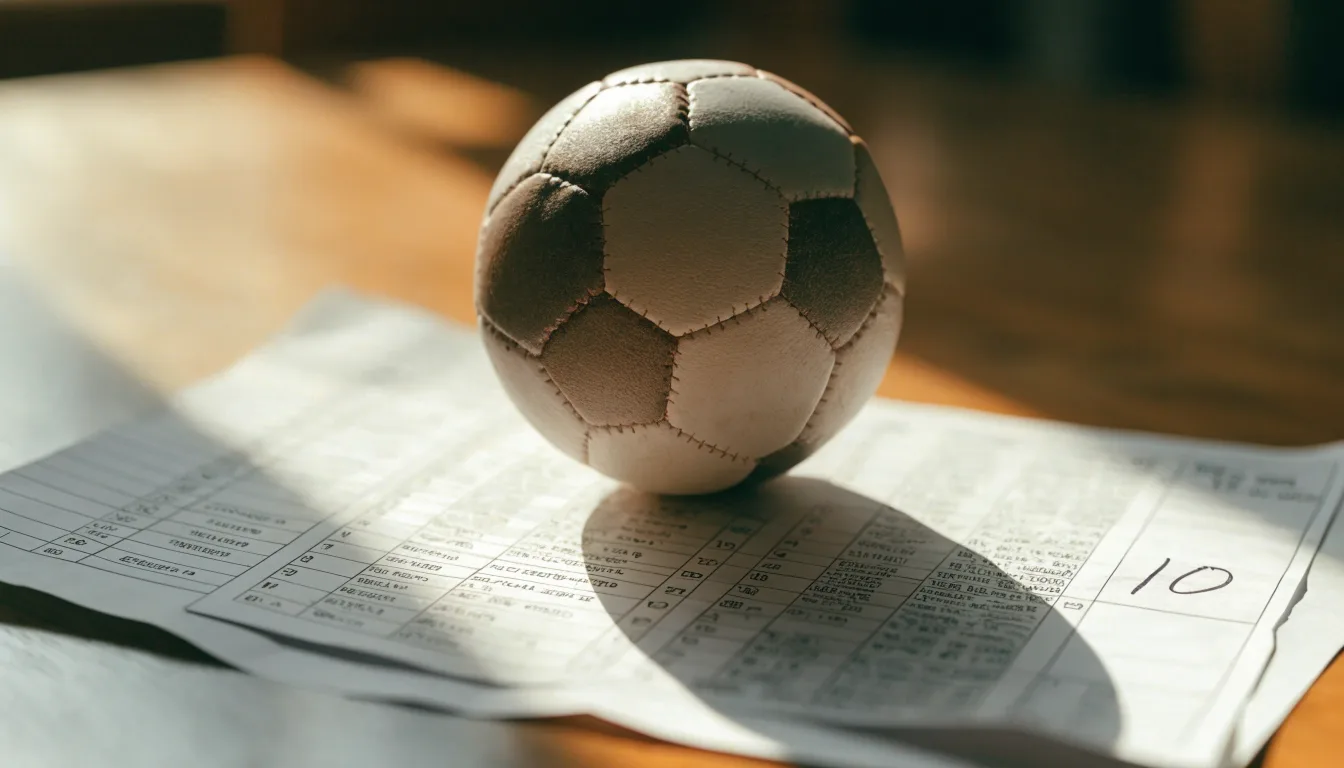 Uma bola de futebol pousada sobre um talão de apostas em branco numa mesa de madeira, à luz do dia