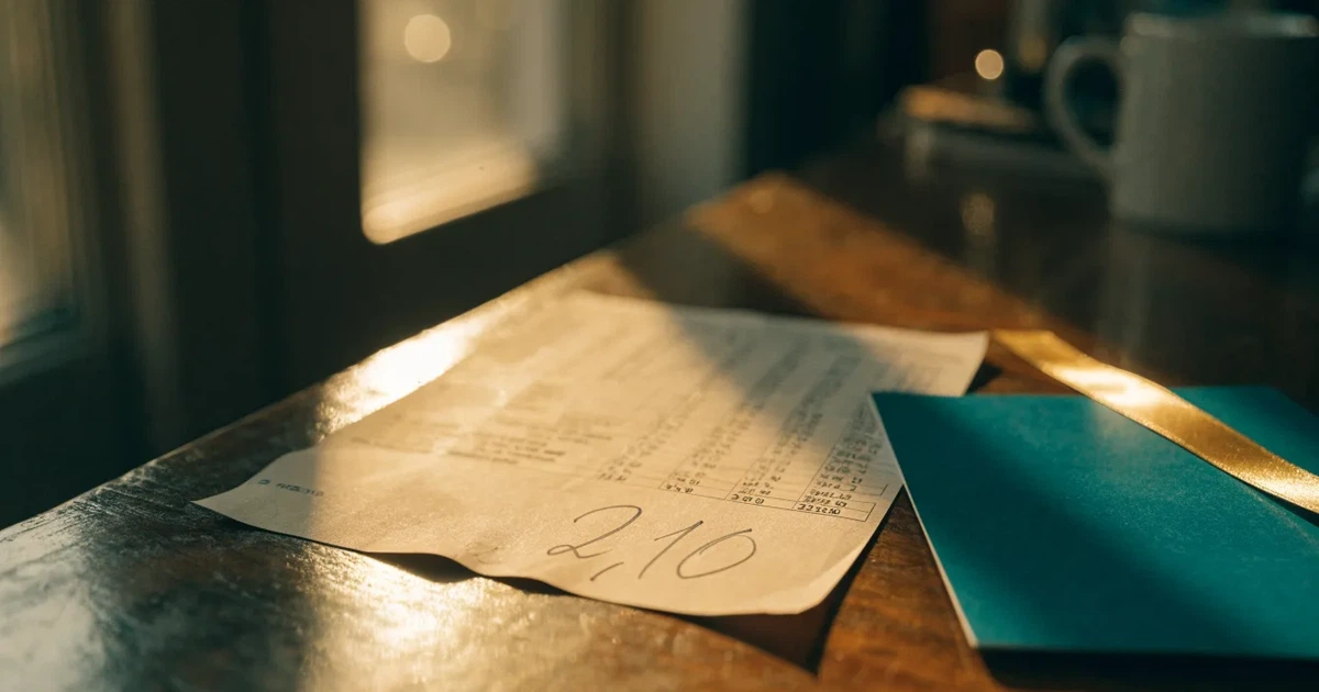 Um cartão de oferta com uma fita dourada ao lado de um talão de apostas numa bancada de madeira