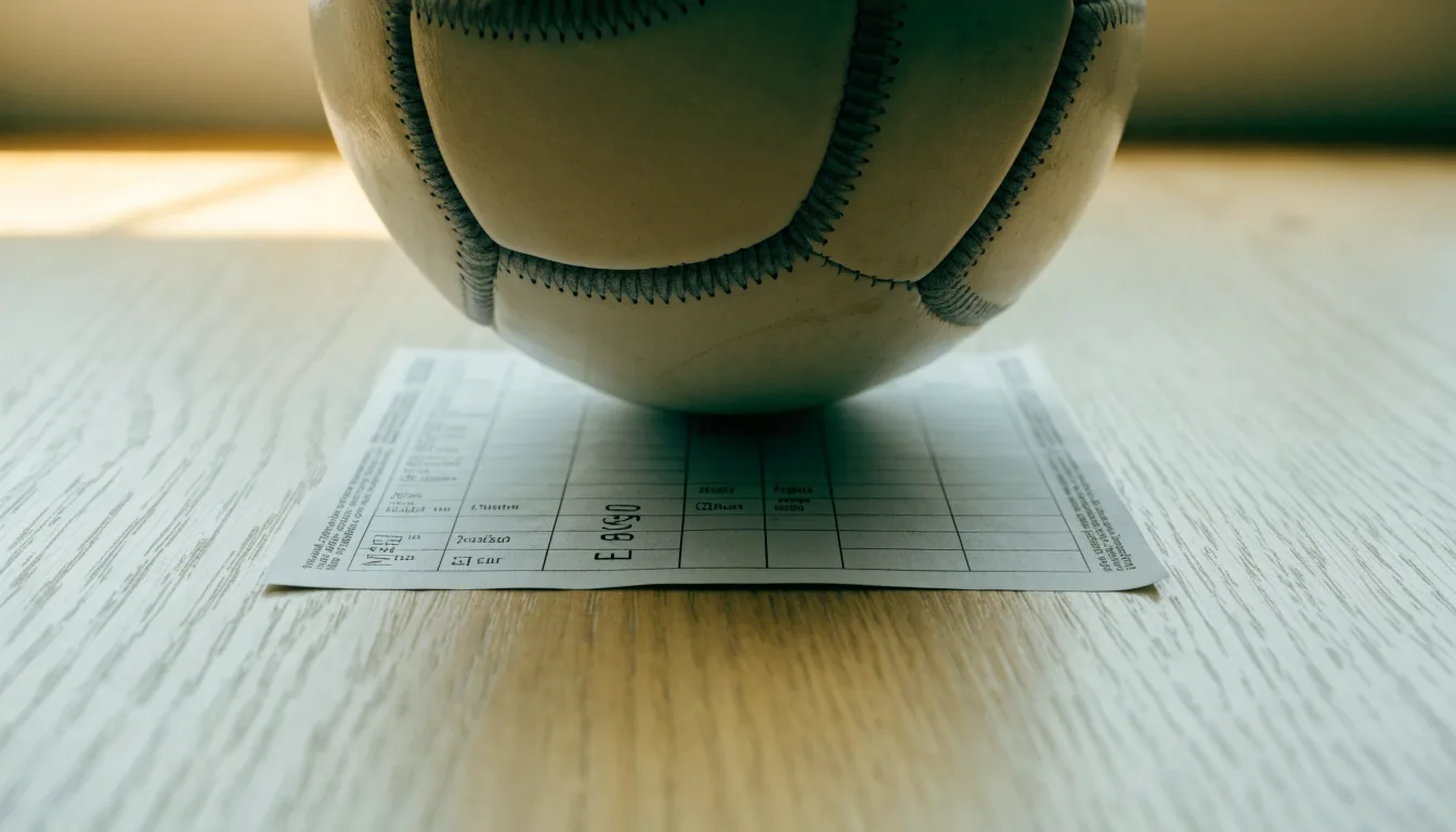 Uma bola de futebol pousada sobre um talão de apostas em branco numa mesa de madeira, à luz do dia