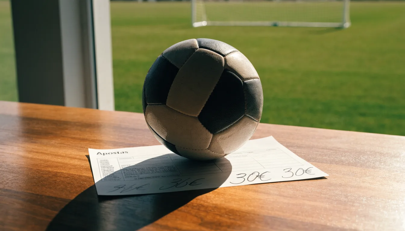 Uma bola de futebol pousada sobre um talão de apostas em branco numa mesa de madeira, à luz do dia