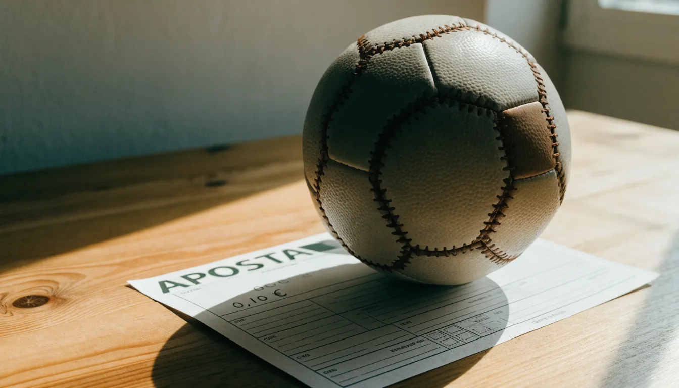 Uma bola de futebol pousada sobre um talão de apostas em branco numa mesa de madeira, à luz do dia