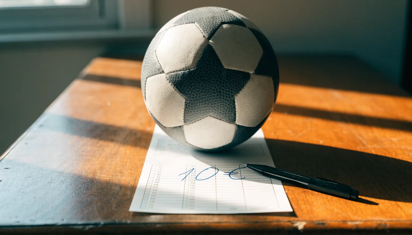 Uma bola de futebol pousada sobre um talão de apostas em branco numa mesa de madeira, à luz do dia