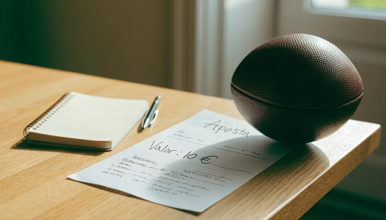 Uma bola de futebol pousada sobre um talão de apostas em branco numa mesa de madeira, à luz do dia