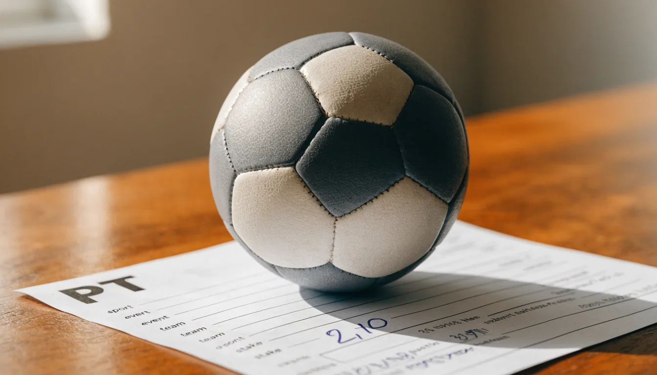 Uma bola de futebol pousada sobre um talão de apostas em branco numa mesa de madeira, à luz do dia