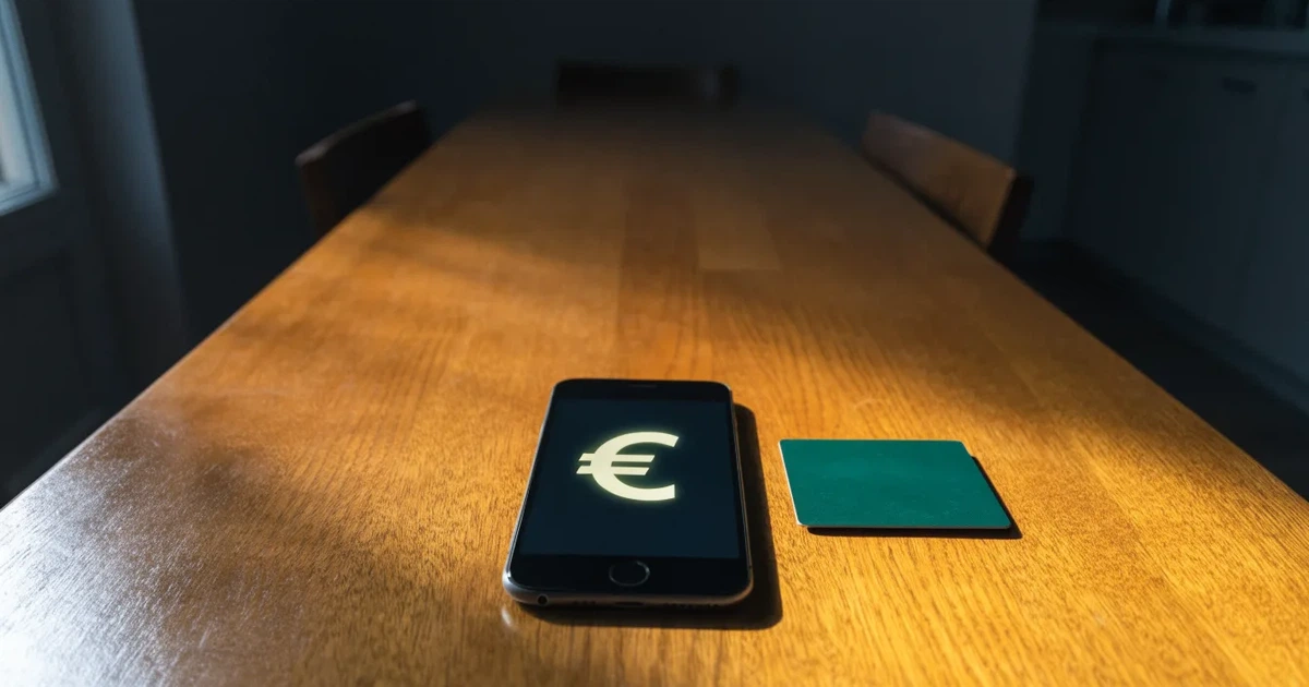 Um telemóvel e um cartão bancário lado a lado numa mesa de madeira, com algumas notas de euro ao lado