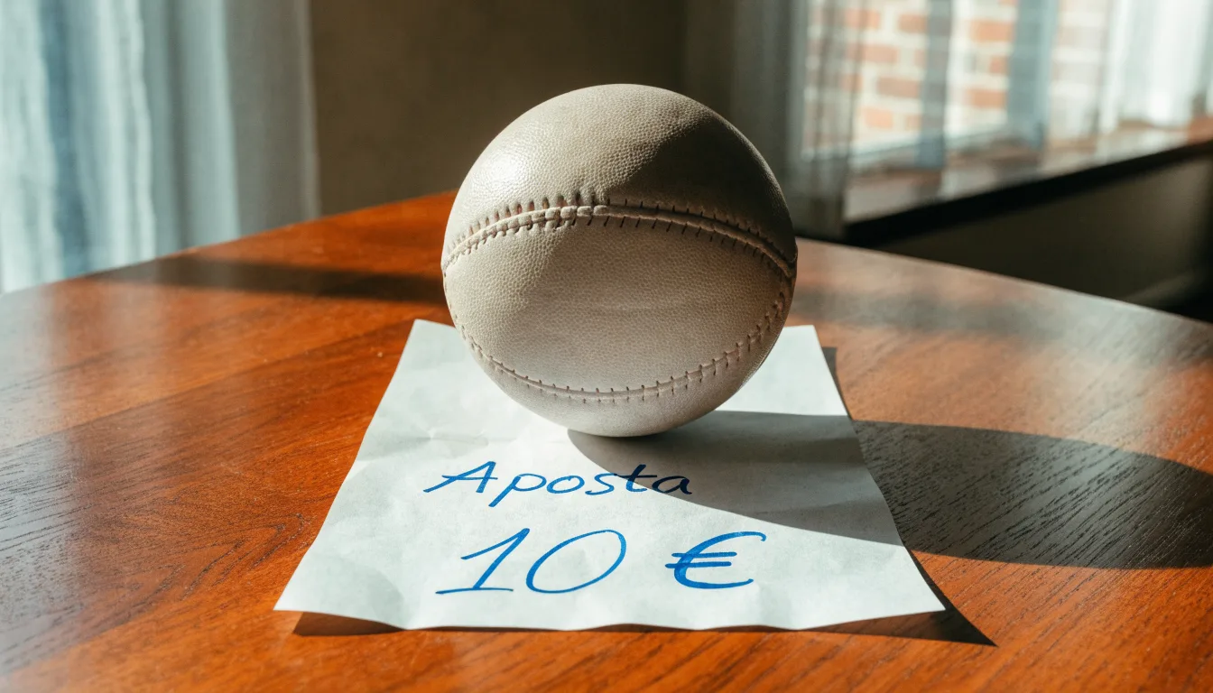 Uma bola de futebol pousada sobre um talão de apostas em branco numa mesa de madeira, à luz do dia