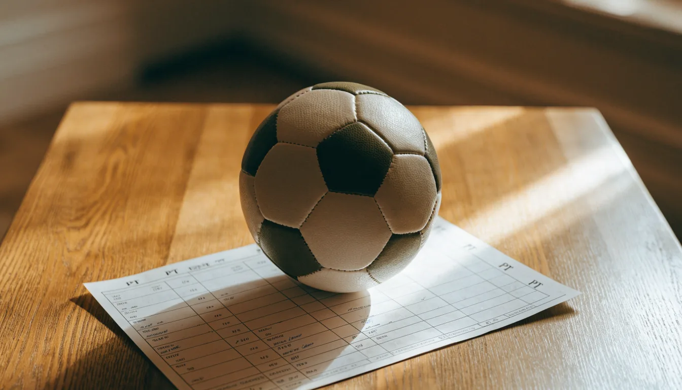 Uma bola de futebol pousada sobre um talão de apostas em branco numa mesa de madeira, à luz do dia