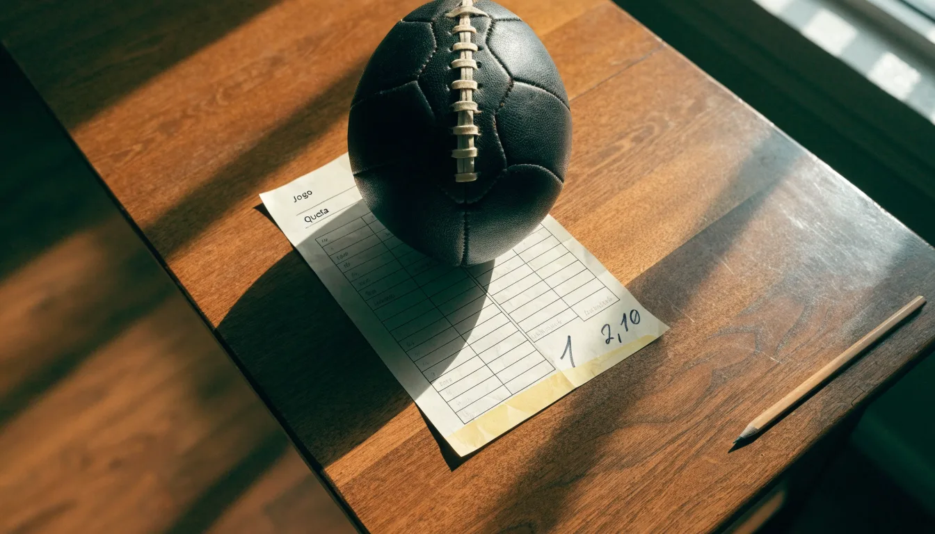 Uma bola de futebol pousada sobre um talão de apostas em branco numa mesa de madeira, à luz do dia