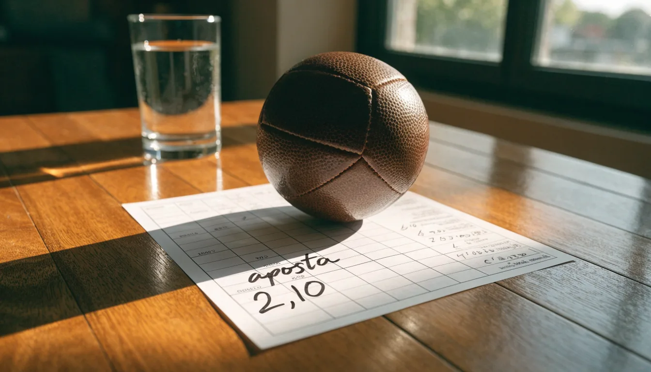 Uma bola de futebol pousada sobre um talão de apostas em branco numa mesa de madeira, à luz do dia