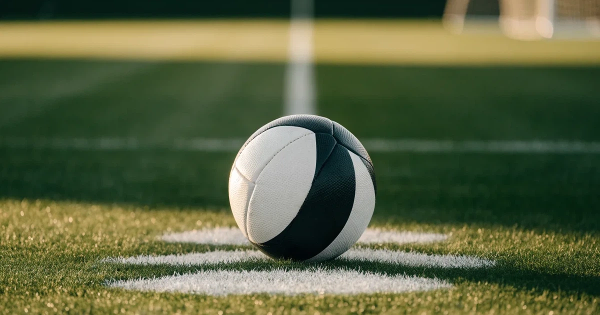 Uma bola de futebol no ponto central de um relvado, à luz da manhã